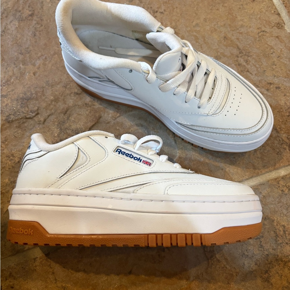 Reebok White Leather Sneakers with Gum Platform Sole